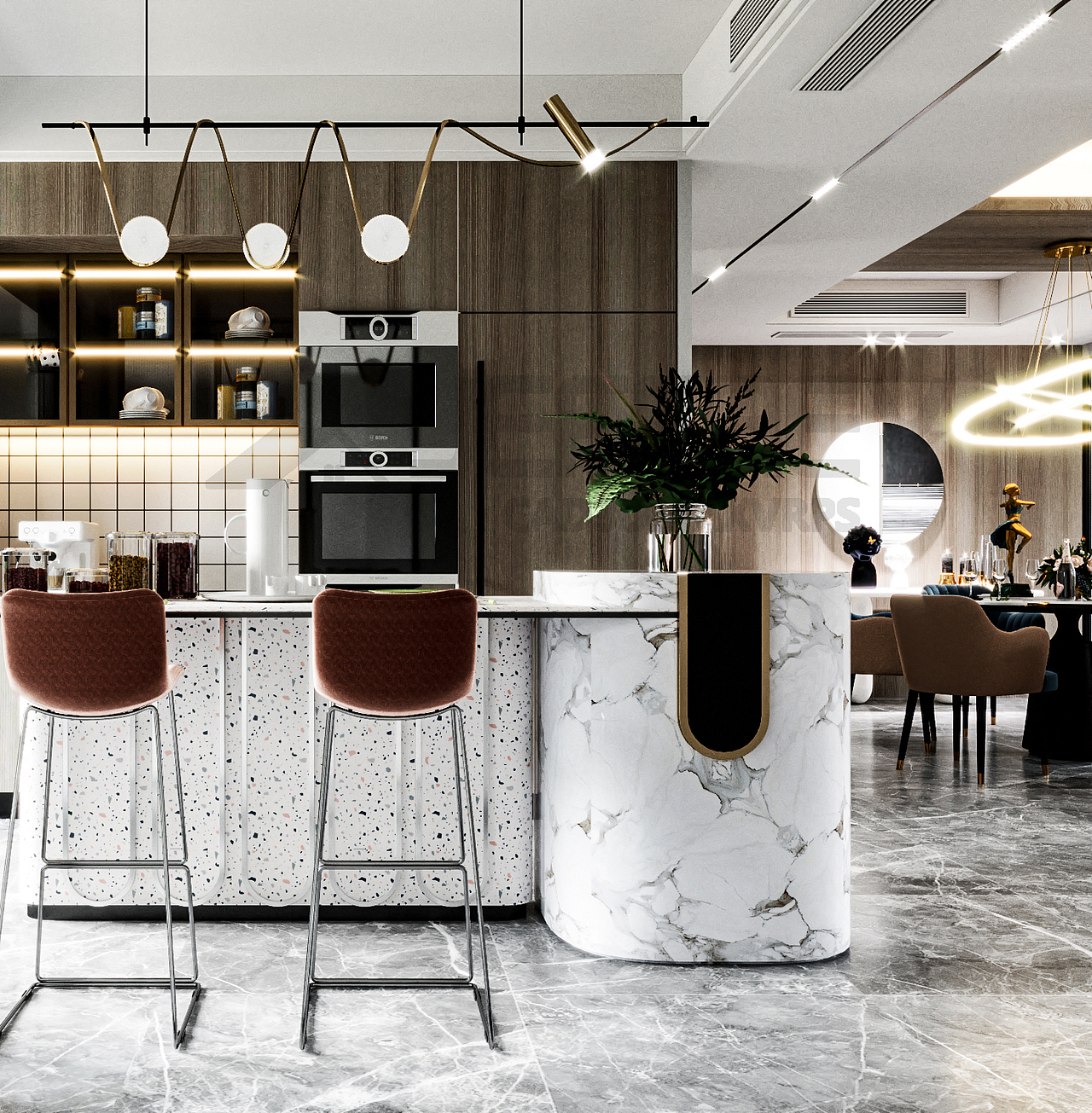 现代客厅 餐厅 客餐厅 西厨 水吧区