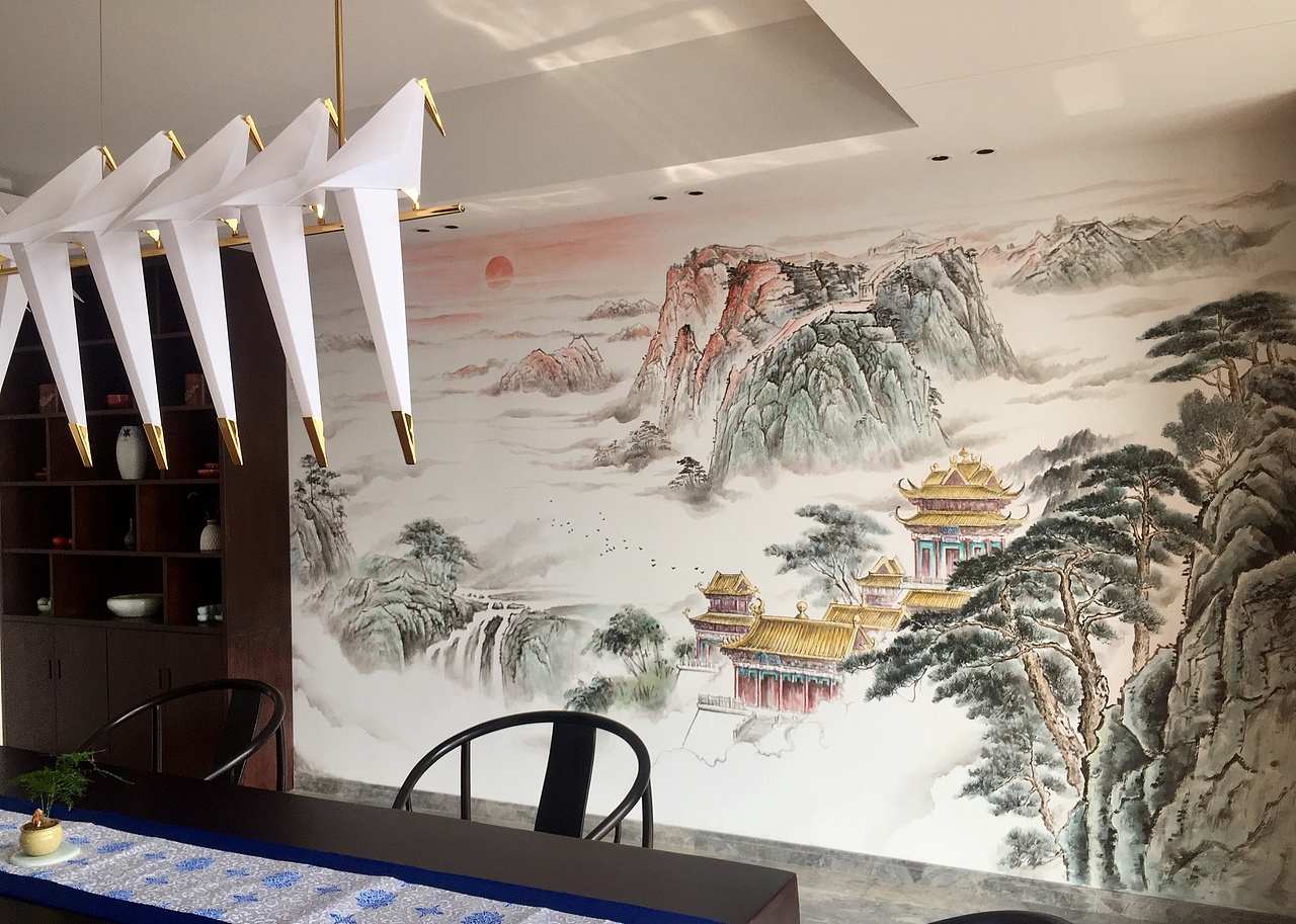 中式山水浅浮雕壁画