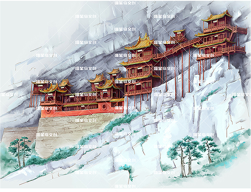 悬空寺手绘地图——喵星岛文创