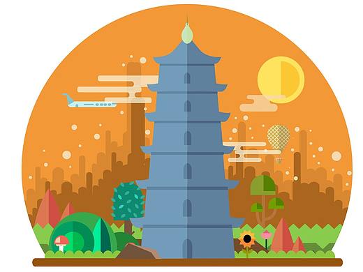扁平化插画 西安景观