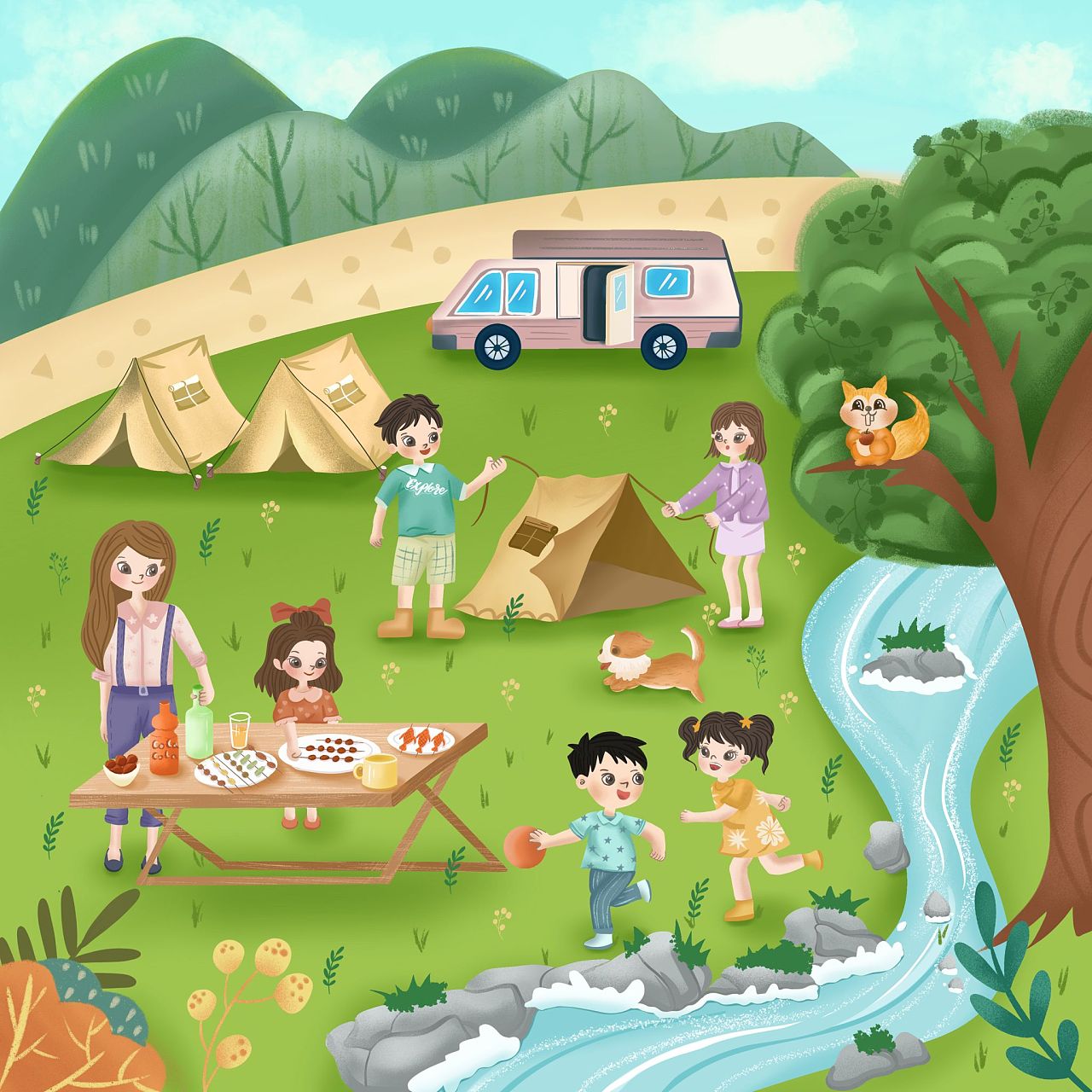 家人野外郊游绿色清新儿童插画图片-千库网
