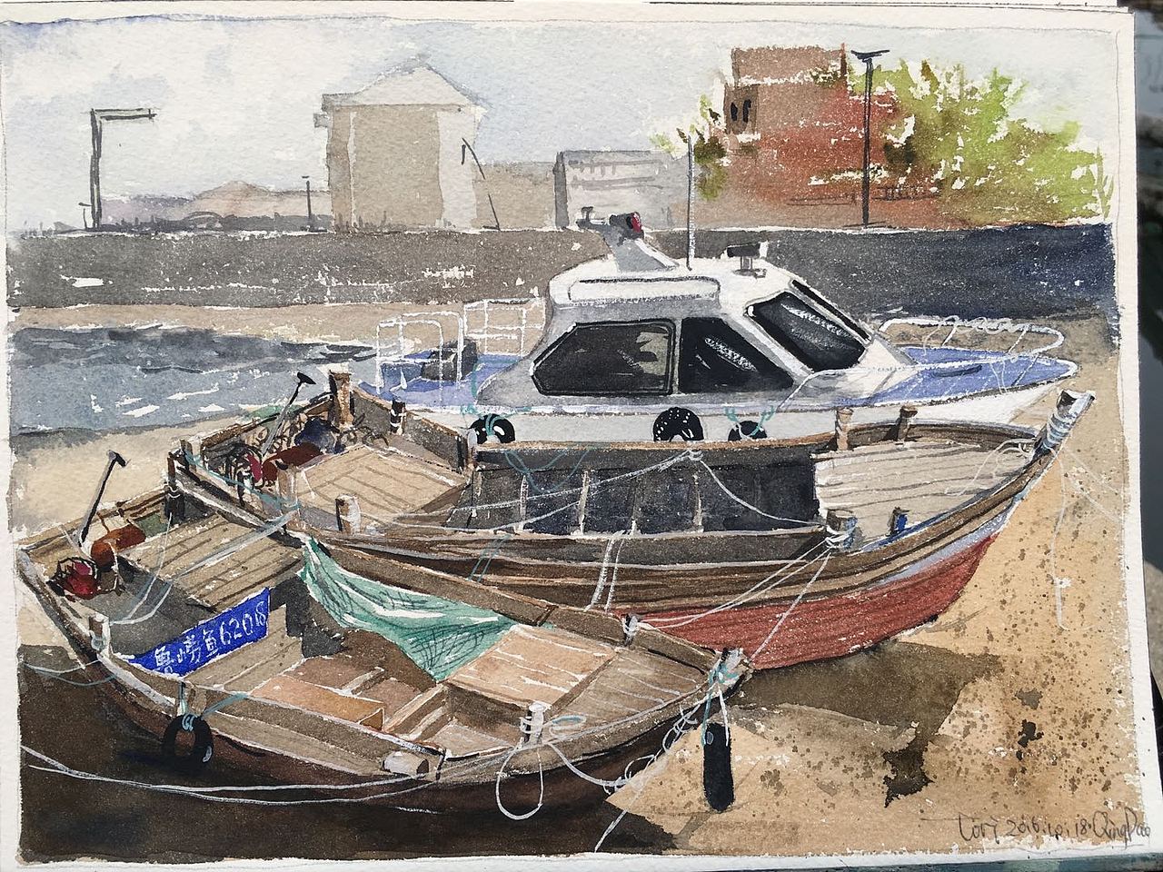 平面手绘插画水彩-船