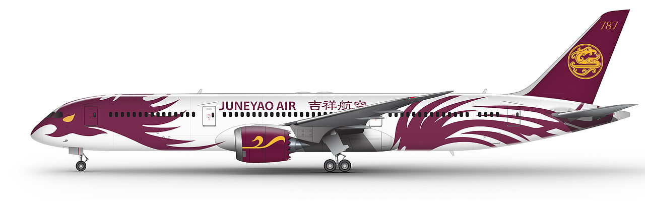 此款涂装,设计点上围绕"凤凰"这个主题并延伸吉祥航空品牌logo的寓意.