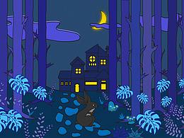 插画森林小屋唯美风景植物