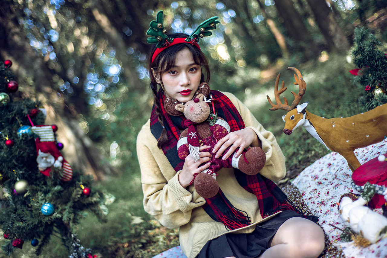 圣诞节森林主题圣诞麋鹿少女