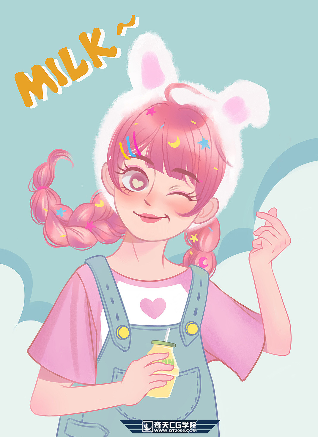 奇天学员插画作品《粉色系女孩》