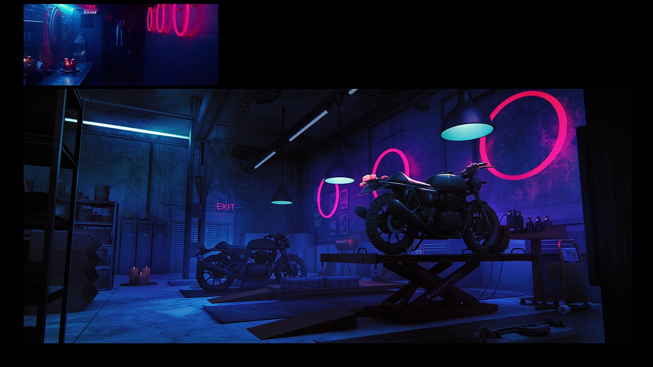 摩托车修理库概念场景-光影情绪探索