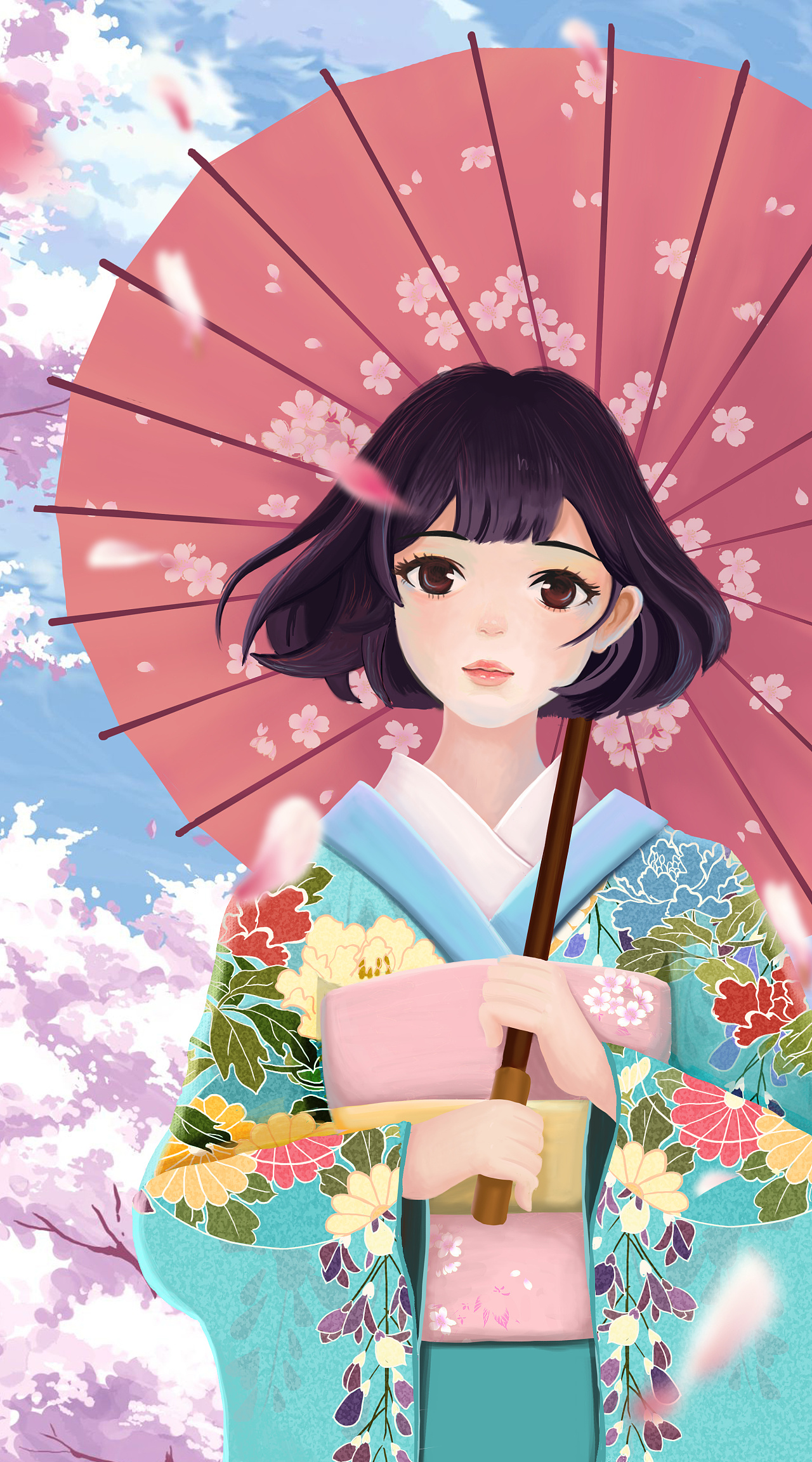 Wallpaper : anime girls, umbrella, rain, city lights, dark hair, short ...