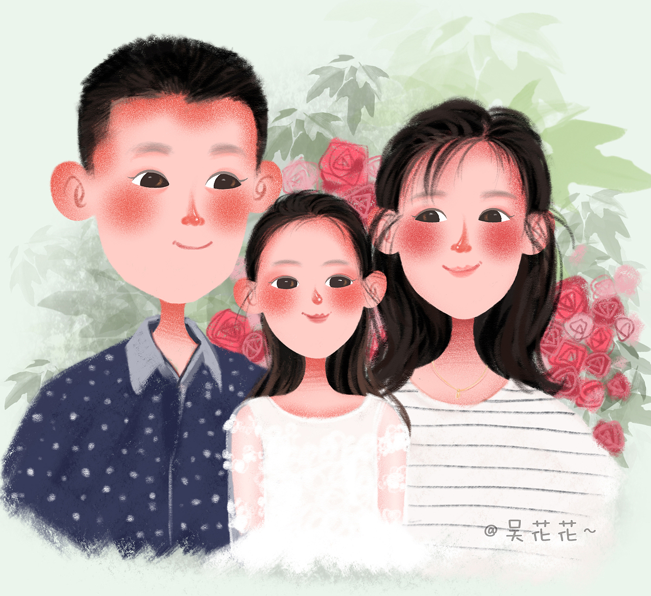 手绘头像三口之家
