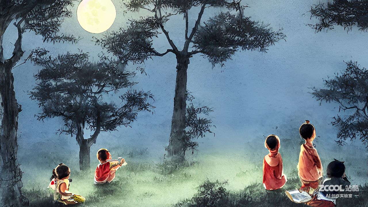 #站酷梦笔#夏天的夜晚,月光洒在树上,有一群孩子在家