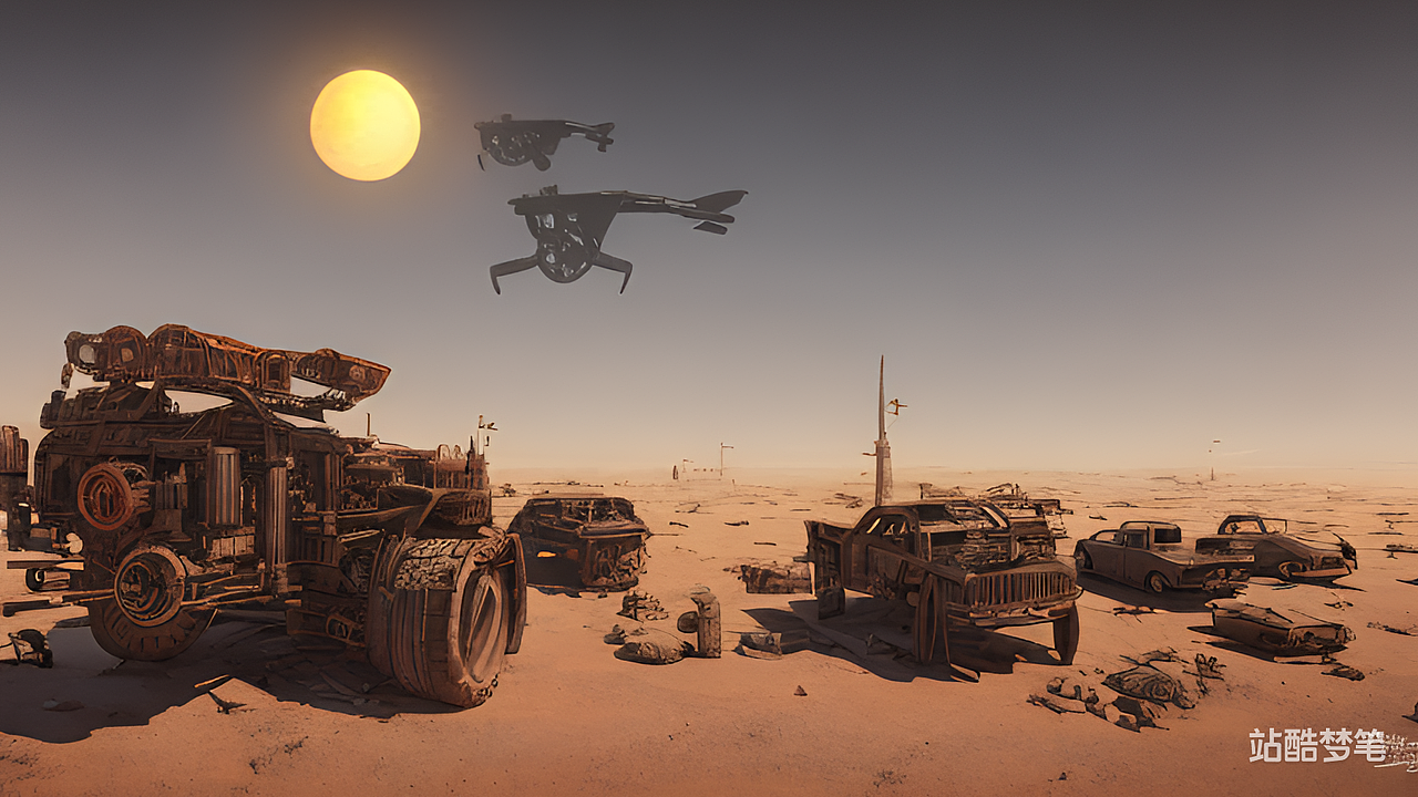 废土,朋克,疯狂的麦克斯,沙漠,公路,高级战车,钢铁,越野,武器,机械,工业,狂野,日落,极高细节,电影打光