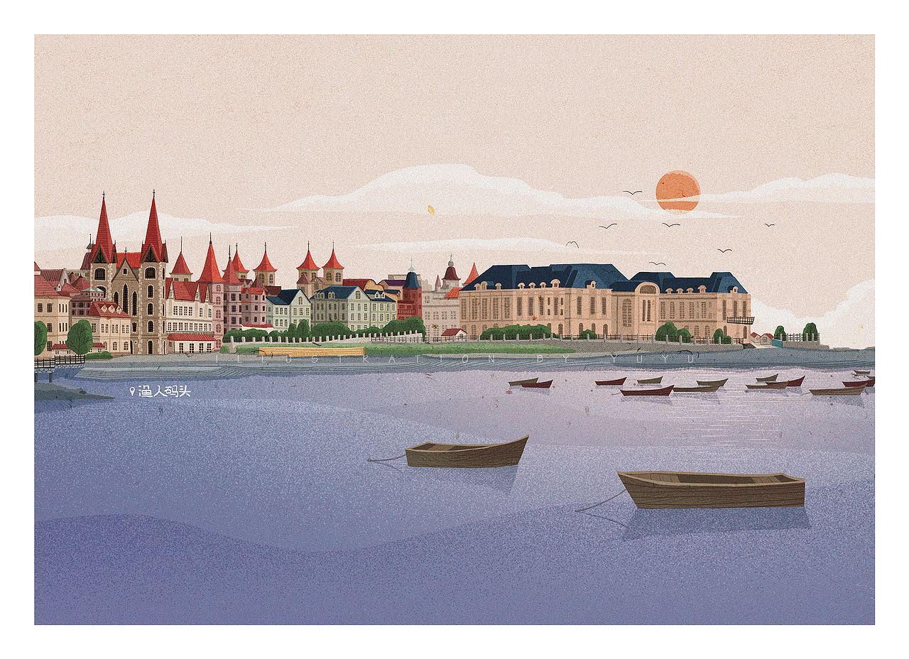 8月份画的烟台景区明信片|插画|商业插画|与鱼yuyu_原创作品-站酷