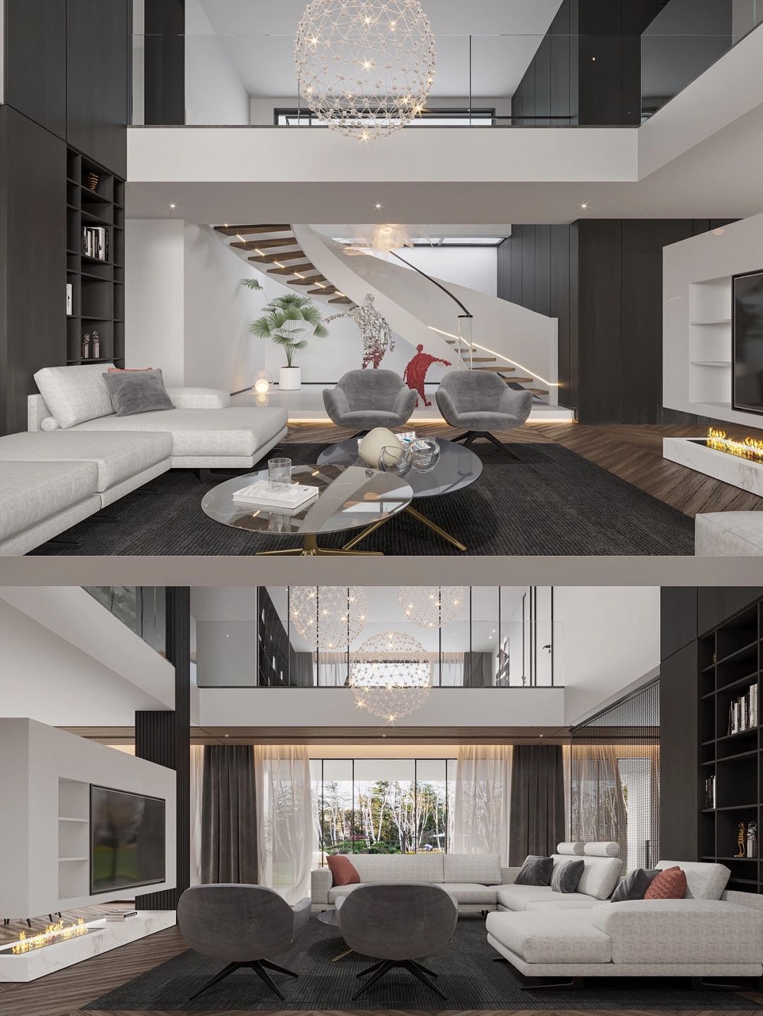 霸总现代黑白灰别墅两层意式极简黑白灰调别墅装修设计