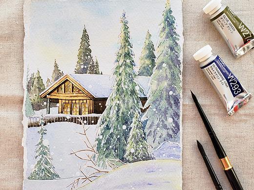 水彩风景雪景小木屋手绘视频绘画过程 芳草碧连天