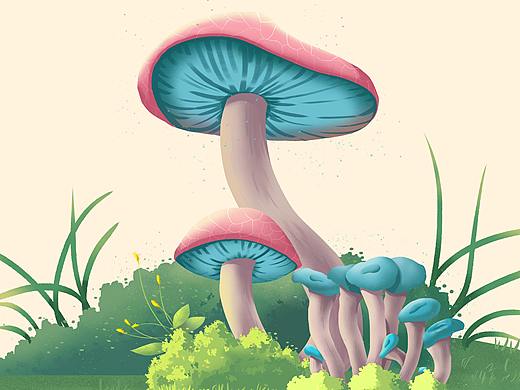 蓝色的小蘑菇小场景画  原创~~~~
