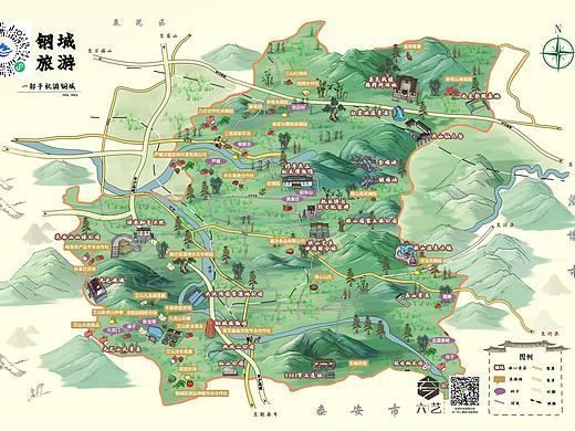 钢城区旅游手绘地图宣传册折页正反面设计景区卡通插画