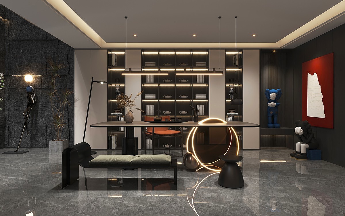 现代别墅客餐厅全景效果图