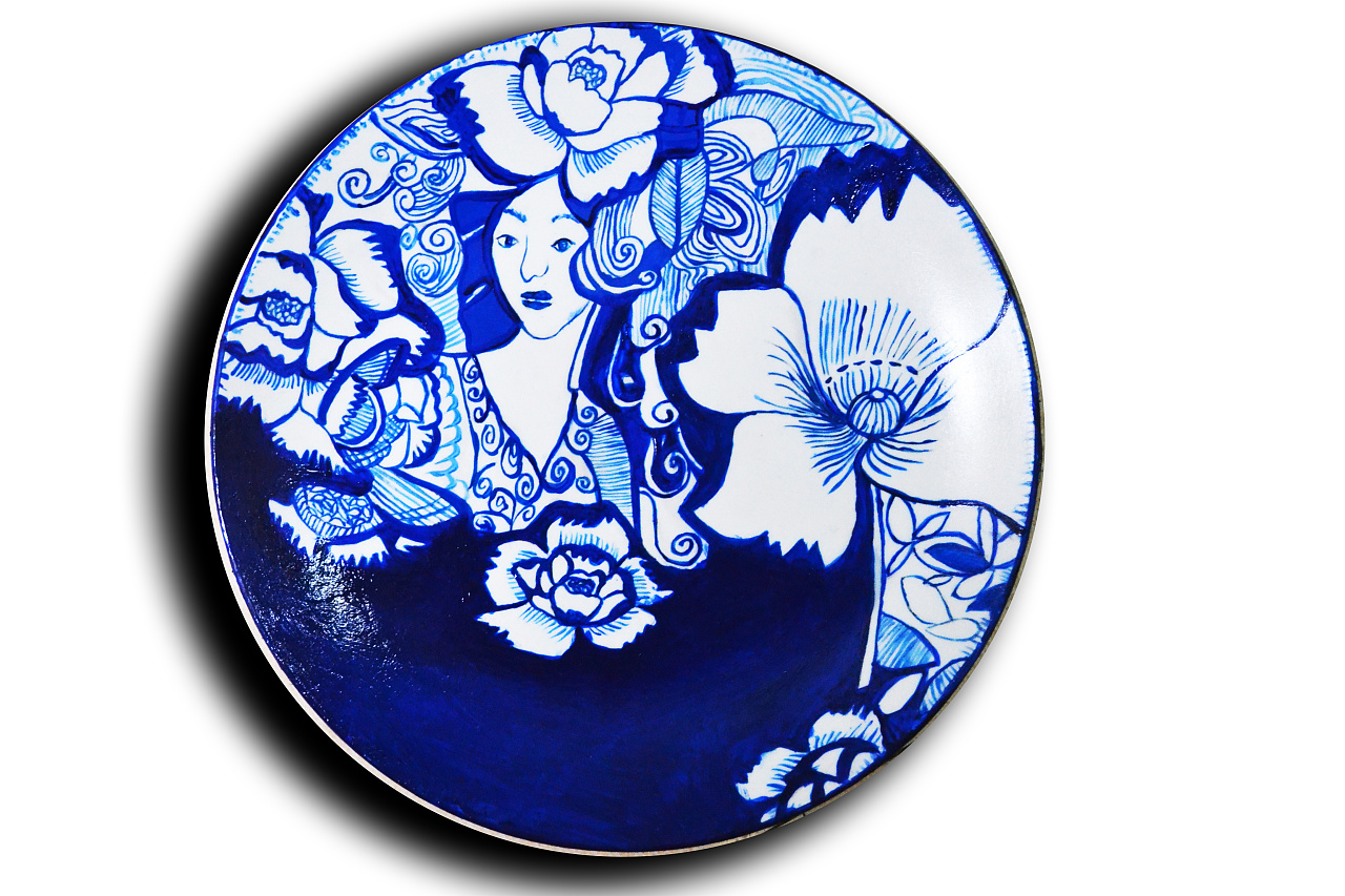 手绘盘子,马勺 最炫民族风 丙烯画