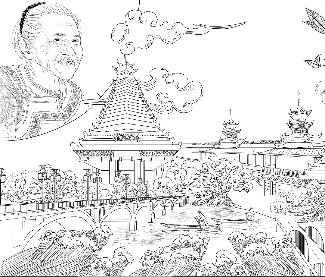 原创手绘商业插画《牛神》横幅长图 产品"绣莲外婆牛香吧 "外包装封面