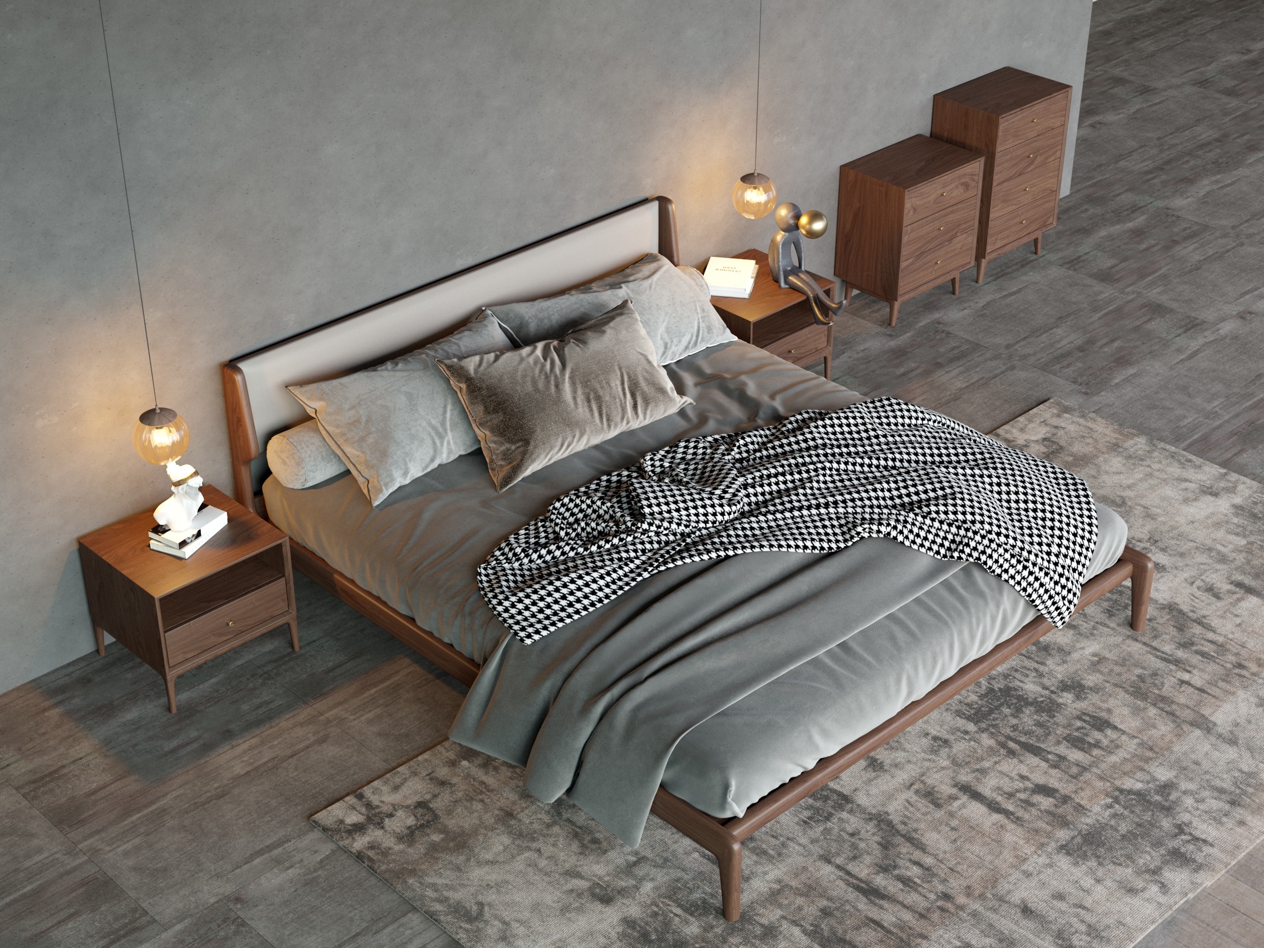 北欧实木床3D设计，胡桃木实木床，家具3D效果图制作|工业/产品|生活用品|艺帮设计 - 原创作品 - 站酷 (ZCOOL)