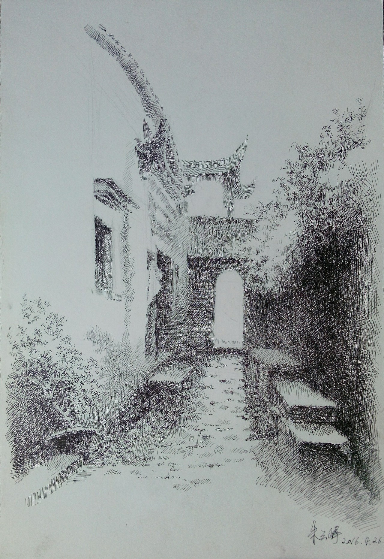 安徽西递,屏山钢笔画写生