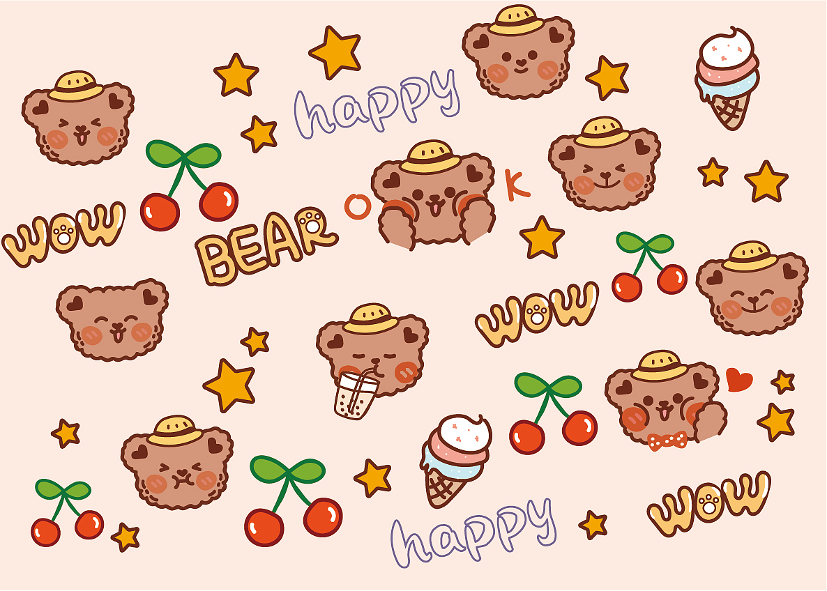 卡通手绘可爱熊表情包插画设计图案卡片贴纸毯子文创