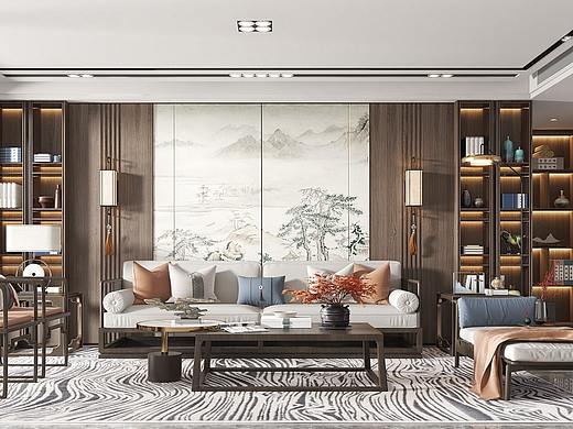 新中式客厅全景效果图制作