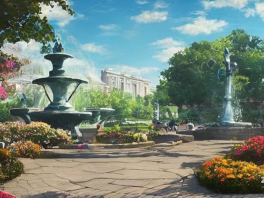 #AI创作实验室#小区公园、清晨、阳光、喷水池、栅栏、