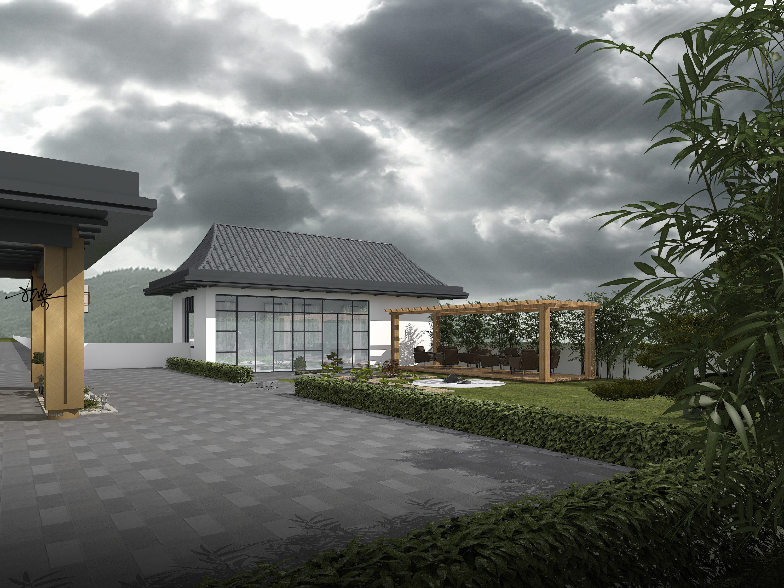 新中式别墅 鸟瞰 透视|空间|建筑设计|林染室内外设计师 - 原创作品