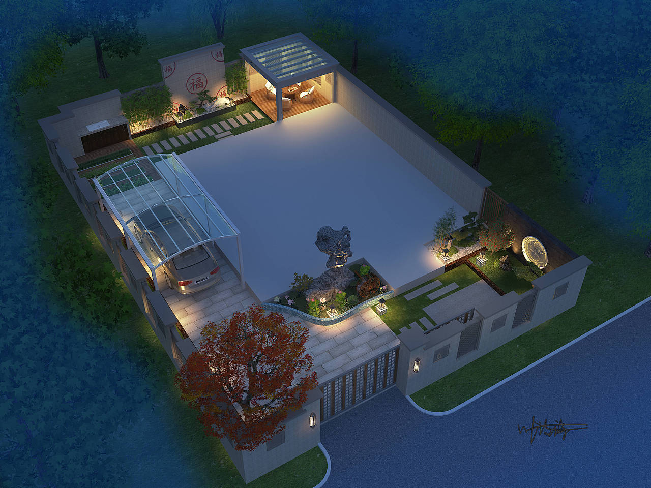 室外庭院夜景鸟瞰