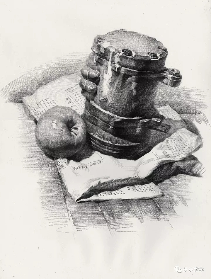 贵州美术网分享经典素描静物作品,来源于步步教学