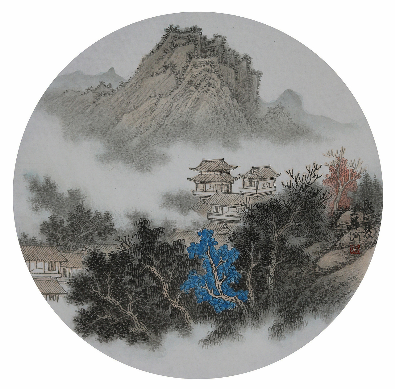 国画山水团扇 青绿山水画家王军河作品