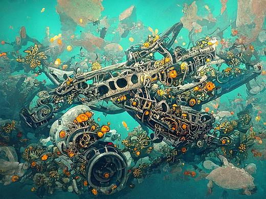 深海海底的废旧潜水艇·蒸汽朋克·AI人工智能绘画艺术