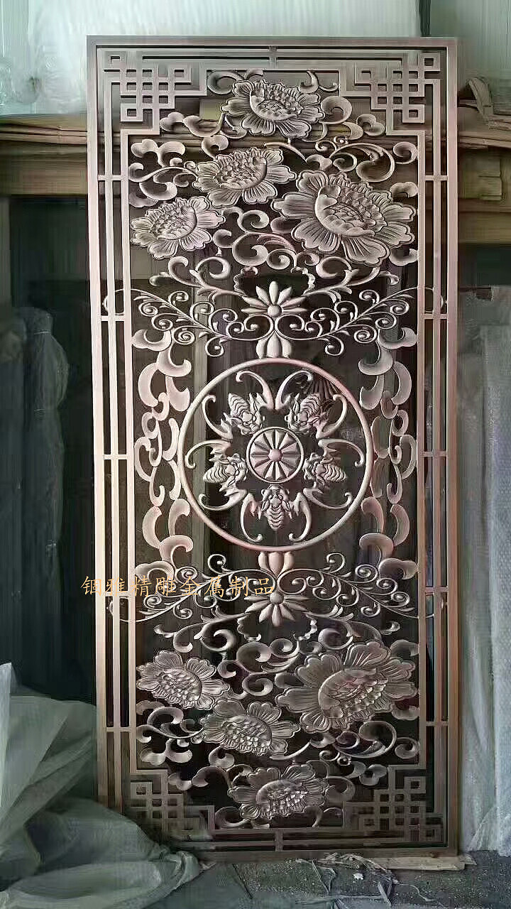 高端铜艺雕刻屏风隔断,纯铜雕花镂空花格屏风