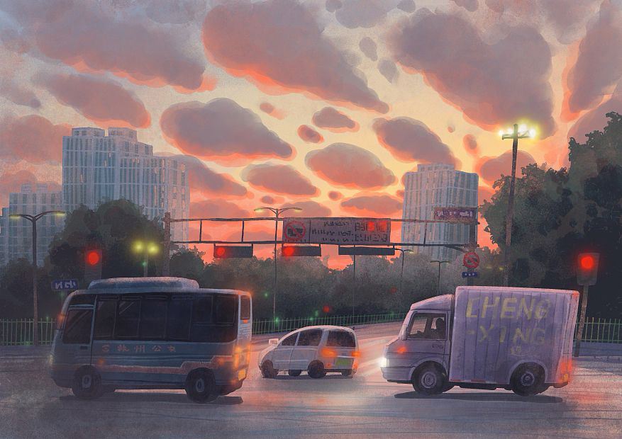 城市街景 插图 夕阳 黄昏