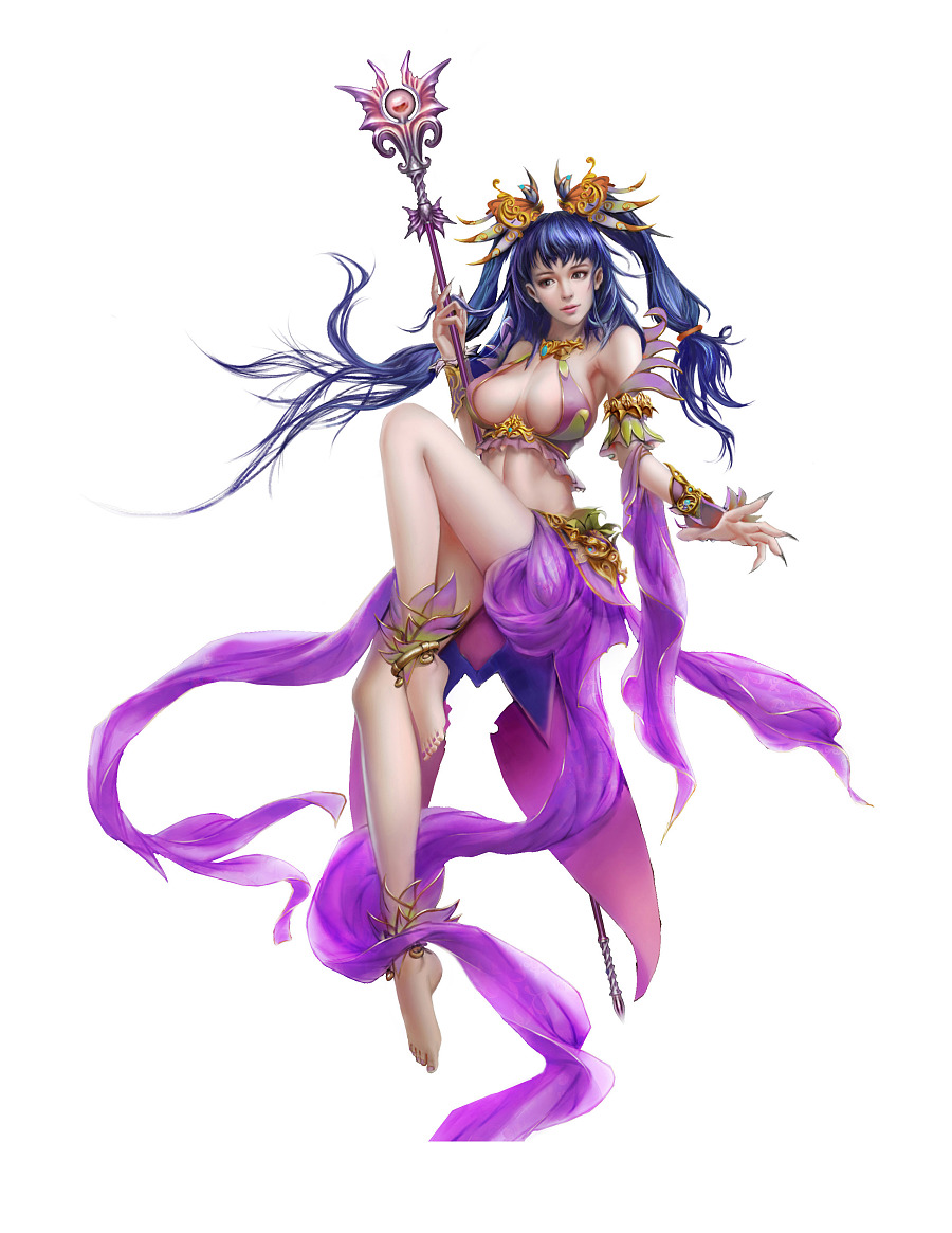 原画人物设定 过程 手绘 游戏原画 美女 仙女 仙剑 法杖 紫色