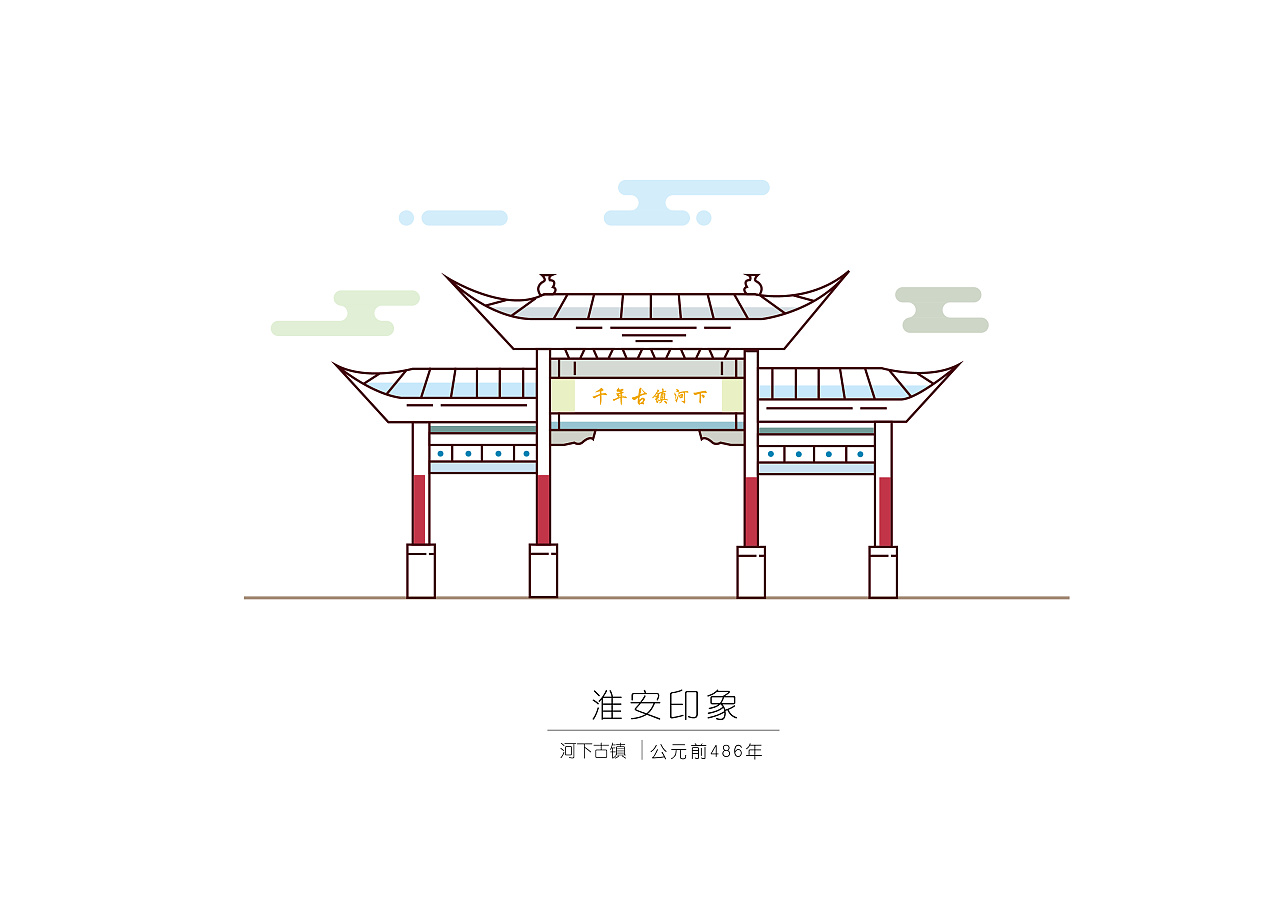 这组插画选取了淮安市的九个代表性建筑
