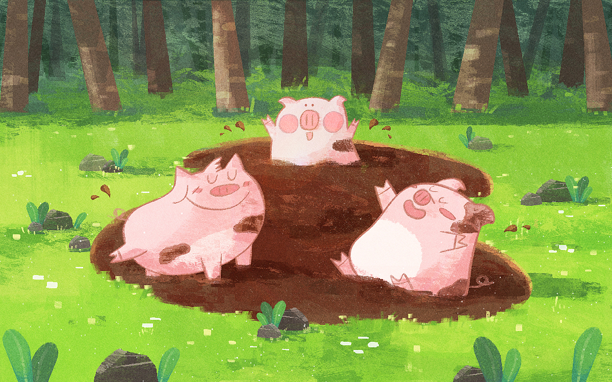 在泥巴地快乐打滚的小猪们