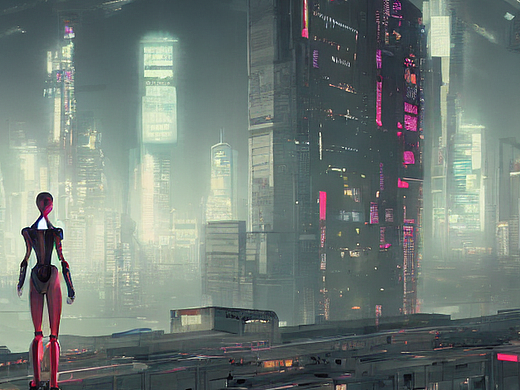 #AI创作实验室#女机器人站在大楼顶部