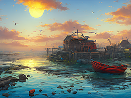 #站酷梦笔#红衣，蓝海，黄天，小渔村