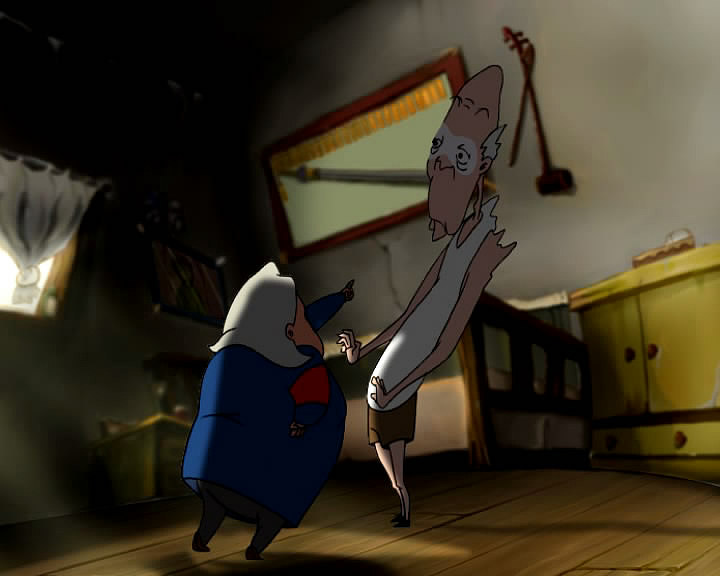 这个镜头我在设计时记得是想表现出瘦老头的不屑一顾和又不敢惹老太婆的心理。从中又带有一丝的挑衅与挑逗街道太婆的感觉。