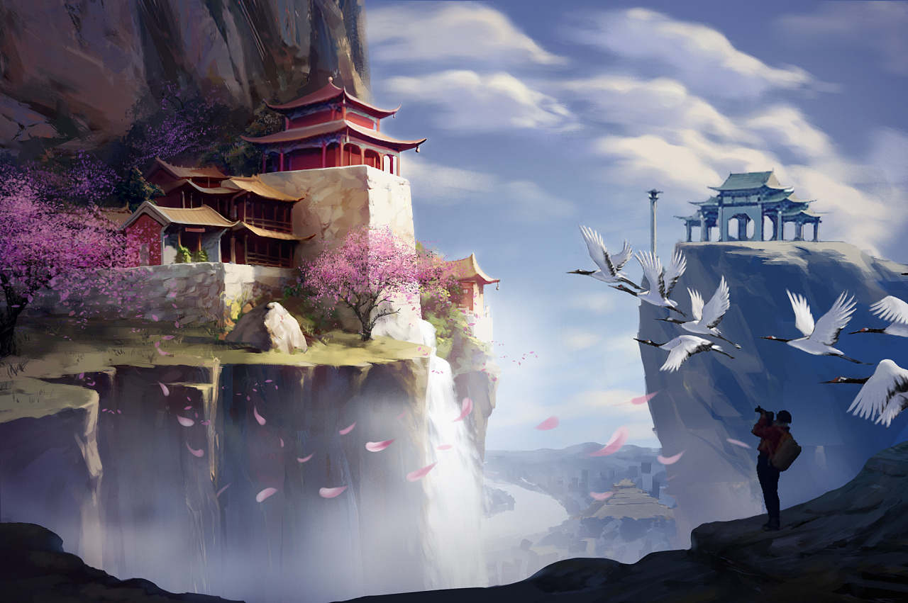 为我的家乡(鹤壁)画的一副作品,画面中包含云梦山,鹿台阁,太极图,浚县