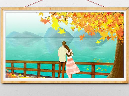七夕情侣秋游青山绿水背景插画海报