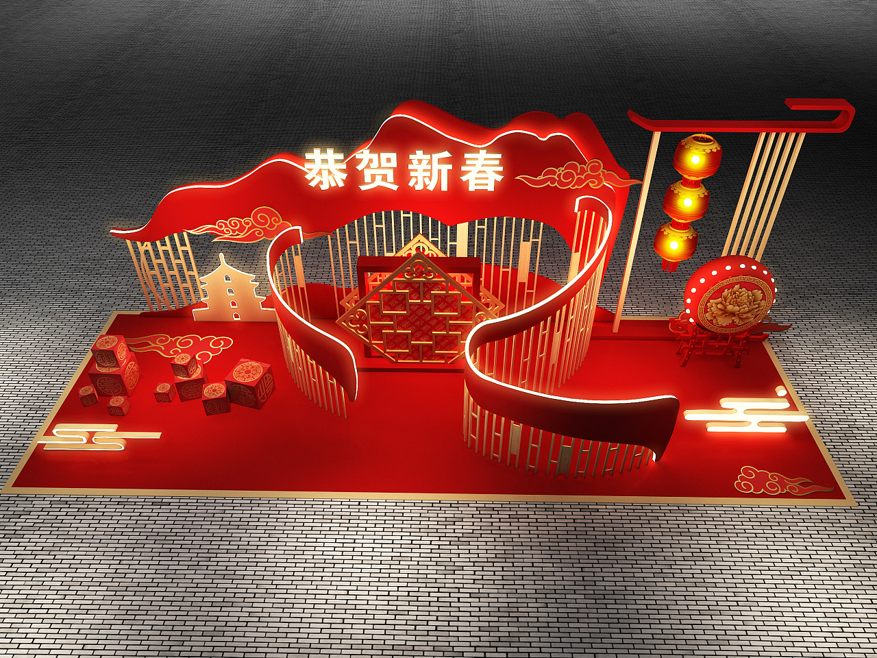 3d设计效果图中式2021年新春专用美陈dp拍照打卡点