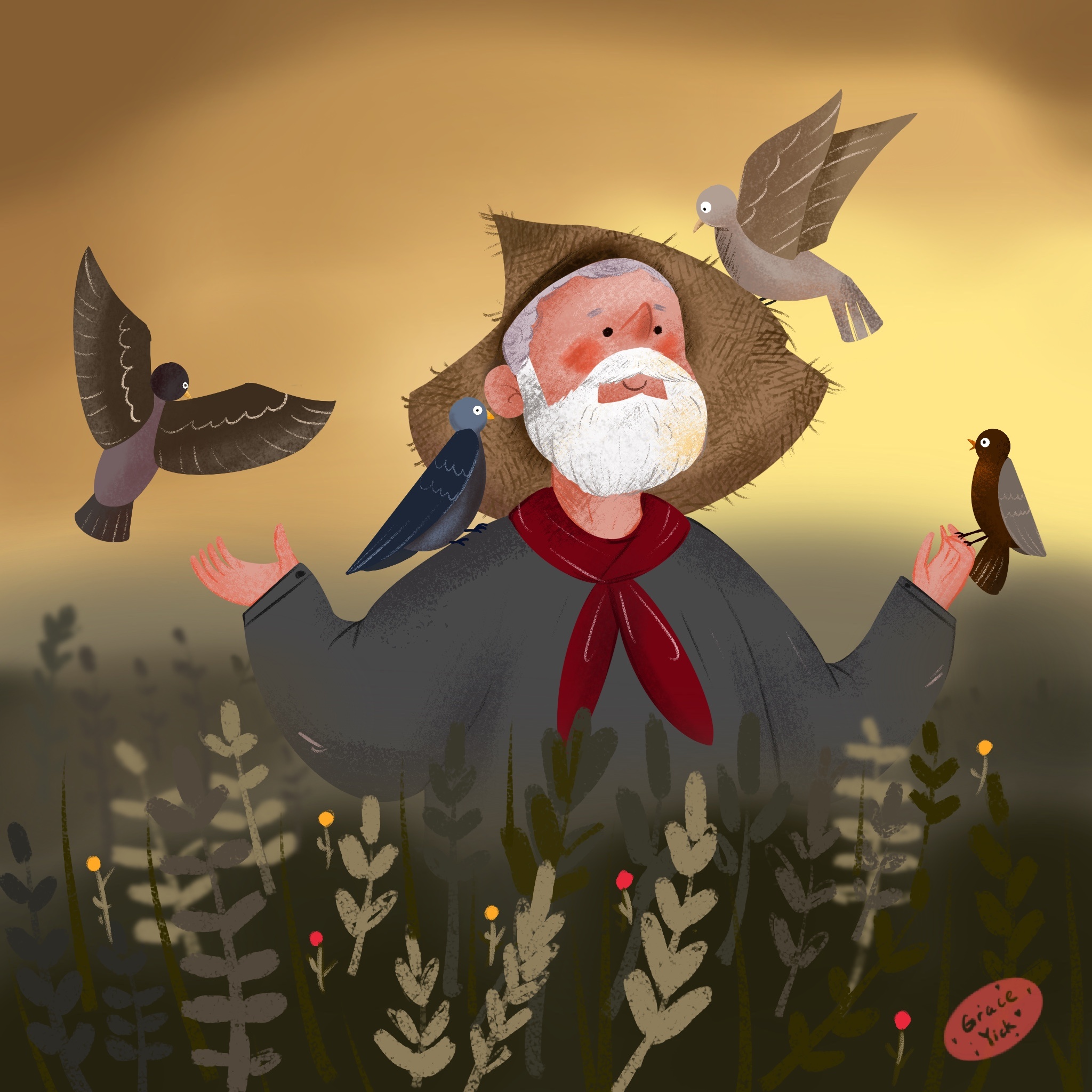 儿童插画-孤独老人逗鸟日常