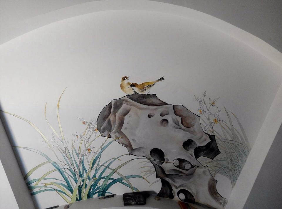 手绘墙花鸟扇面