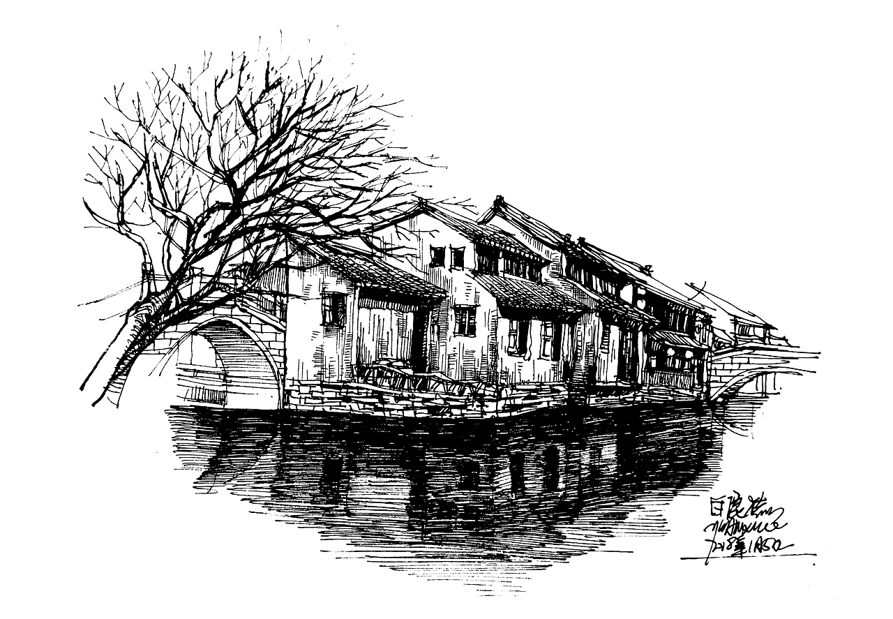 白鹿猿钢笔手绘---东方建筑情节