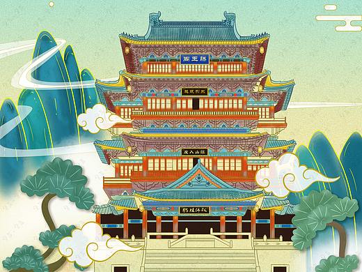 国潮风格插画-滕王阁篇
