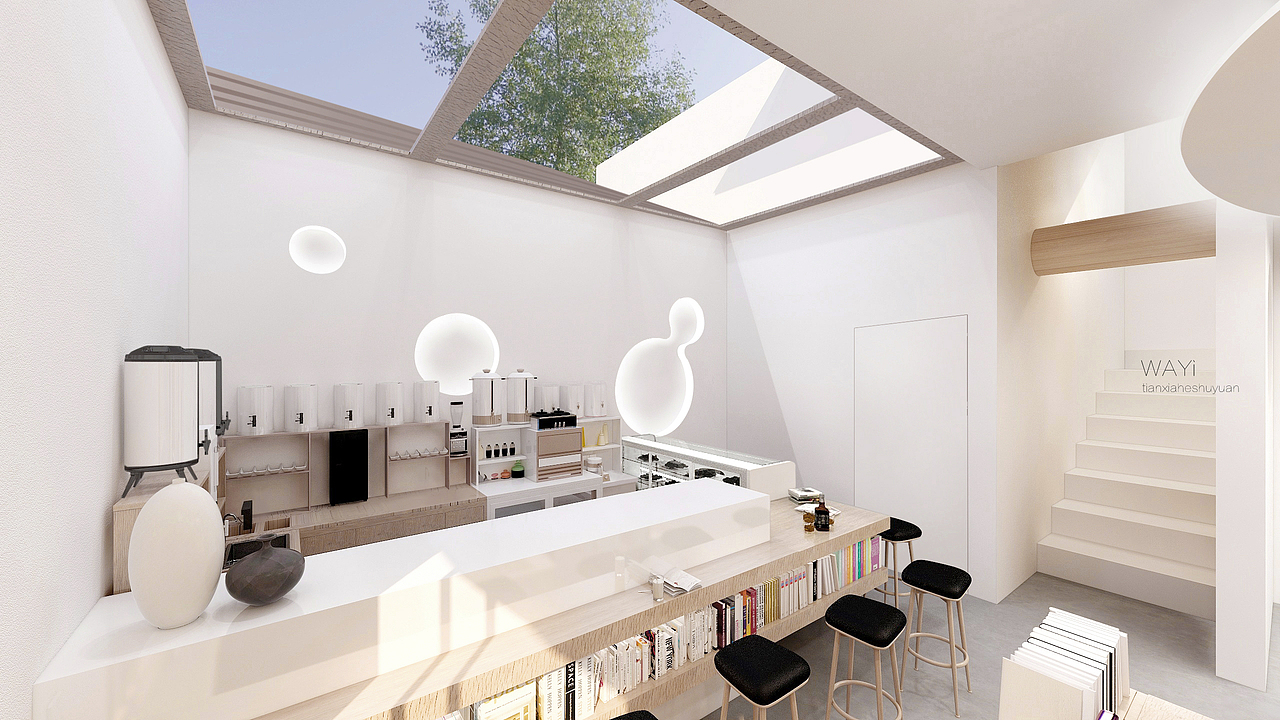 吧台区域做成露天玻璃顶，抬头看看蓝天白云，阳光洒下来的感觉很是惬意
<br>