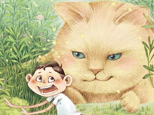 封面插画，有魔法的猫和捣蛋小孩的故事。